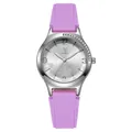 Detailed view of the floral engraved silver dial and purple silicone strap of the quartz watch - Purple