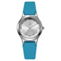 Close-up of sky blue silicone strap and silver watch case with rhinestone details - Sky Blue