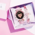 Set orologio donna rosa con quadrante stellato a cuore e bracciale a stella in confezione regalo - Set Scatola Regalo Orologio Bracciale / Rosa