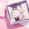 Set orologio da donna in ecopelle viola e bracciale a stella in oro rosa in box - Viola