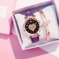 Women's watch set with purple strap, heart starry dial and rose gold bracelets in a gift box - Watch Bracelet Gift Box Set / Purple