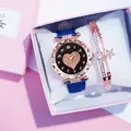 Women's blue leather watch with starry heart dial and rose gold star charm bracelet - Watch Bracelet Gift Box Set / Blue
