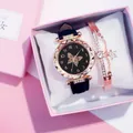 Elegant women's watch set featuring butterfly dial, rhinestone case and matching bracelet - Black