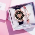 Women's rose gold heart watch with starry black dial and matching star bracelet set - Watch Bracelet Gift Box Set / Black