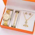 Set regalo orologio al quarzo da donna dorato e gioielli in scatola arancione - Collezione Gioielli Orologio Stile Tre Senza Confezione Regalo / Oro