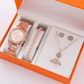 Set orologio lussuoso oro rosa da donna con gioielli strass e scatola regalo arancione - Collezione Gioielli Orologio Stile Tre Senza Confezione Regalo / Oro rosa