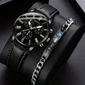 Geneva men's quartz watch with black leather strap and matching crown bracelet set - Black Watch And Bracelet Combo (Three-Eye Dial + Crown)