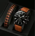 Orologio al quarzo da uomo con cinturino in pelle e bracciale intrecciato in scatola regalo - Orologio e Bracciale Intrecciato Marrone Nero / Marrone