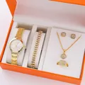 Set orologio da donna in oro con strass, bracciale, collana, orecchini e anello in scatola - Set di gioielli dorati / Set da 5 pezzi (senza confezione regalo)