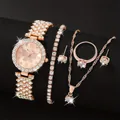 Rose gold women's watch set with butterfly dial, crystal necklace, ring and earrings - Rose Gold With Ripple Jewelry Style