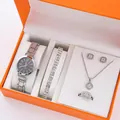 Set orologio in argento di lusso con collana e bracciale in scatola regalo arancio - Argento Nero + Set di Gioielli / Set da 5 pezzi (senza confezione regalo)