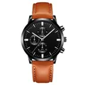 Classic men's chronograph watch with black dial and brown leather strap on white background - Tan