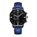 Men's sports chronograph watch with blue leather strap and black dial on white background - Dark Blue