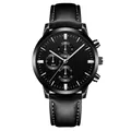 Men's business quartz watch with black dial and leather strap featuring white stitching - Black