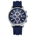 Men's business quartz watch with blue silicone strap and chronograph dial display - Silver Case Blue Dial
