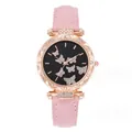 Vista dettagliata dell'orologio al quarzo oro rosa con cinturino in pelle rosa e quadrante farfalla - Rosa