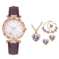 Elegante 5-delige dames horlogeset met paarse edelsteen en roségouden harthoofden - Paarse Collectie (Geen doos)