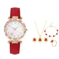 6-delige luxe dames horloge set met rode lederen band en hartvormige sieraden - Rode Collectie (Geen doos)