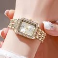 Elegant gold rectangular watch for women with rhinestone bezel and metal chain strap - White