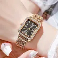 Elegant gold square quartz watch with rhinestones on a wrist with lace and nails - Black