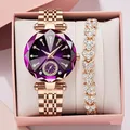 Damen Quarzuhren-Set in Roségold mit lila Glaszifferblatt und Herz-Gliederarmband - Uhr + Armband Set / Lila
