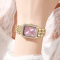 Elegant gold square watch for women with rhinestone bezel and purple sunray dial - Light Purple