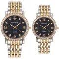 Macro detail of luxury couple quartz watches with gold-tone steel bands and diamond bezels - Men Two-tone Black