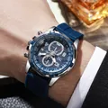 Men's quartz sports watch with blue silicone strap and chronograph dial on wrist - Silver Case Blue Dial