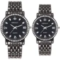 Waterproof diamond quartz couple watch set with dark grey steel band and roman numerals - Men's Black Dial
