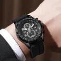 Close-up of black quartz watch with silicone strap worn with a professional business suit - Black Case Black Dial