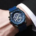 Detail of blue silicone strap quartz men's watch with textured dial and sub-dials - Black Case Blue Dial