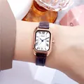 Rectangle rose gold quartz watch with blue hands and brown crocodile leather strap - 3400 Coffee Strap / Coffee