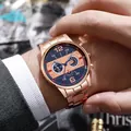 Men's rose gold stainless steel chronograph watch with blue dial and date display - Rose Gold