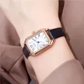 Elegant women's watch with rose gold octagonal case, blue hands, and black leather strap - 3400 Black Strap / Black