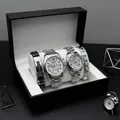 Conjunto de relojes para pareja de acero plateado y pulseras en caja de regalo de lujo - Estilo Reloj Y Pulsera Para Hombre Y Mujer