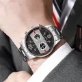 Men's business quartz watch with silver steel strap and multi-dial chronograph display - Silver