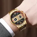 Men's fashion business quartz watch with gold steel strap and black textured chronograph dial - Gold