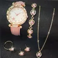 6-delige roze horlogeset met hartvormige sieraden en fonkelende kristallen accenten - Roze Collectie (Geen doos)