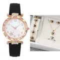 Roségouden horloge met zwarte leren band en bijpassende 6-delige roze hart sieradenset - Zwarte Collectie (Geen doos)