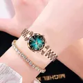 Elegant rose gold women's watch with green gradient dial and matching tennis bracelet - Watch And Bracelet Pair / Green