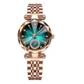 Detail of rose gold watch with emerald green dial and diamond-cut glass face - Watch Only Style / Green