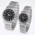 Detail of silver couple watches with black rhinestone dials and metal straps - Men's Silver Black Dial