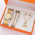 Set regalo 5 pezzi dorato con orologio e collana a quadrifoglio in scatola arancione - Collezione Gioielli Orologio Stile Due Senza Confezione Regalo / Oro