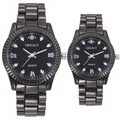Matching pair of black quartz watches with diamond accents and steel mesh bands - Men's Gunmetal Case Black Dial
