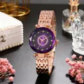 Detail of rose gold watch featuring purple gradient dial and faceted geometric glass - Purple