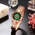 Elegant rose gold women's quartz watch with green sunburst dial and crystal accents - Green