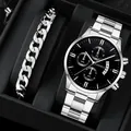 Herren-Silberuhr mit schwarzem Zifferblatt und passendem Panzerketten-Armband-Set - Schwarzes Zifferblatt Silber Armband (A3+Armband)