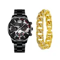 Herrenuhr aus schwarzem Edelstahl und goldene Cuban-Gliederkette mit Strasssteinen - Schwarzes Zifferblatt Schwarzes Armband (21+Armband)