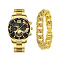Men's gold steel watch with black dial and matching iced out Cuban link bracelet set - Style 22 With Rhinestone Bracelet