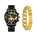 Men's black quartz watch with gold Cuban bracelet set, featuring a stylish Geneva dial - Style 23 With Rhinestone Bracelet